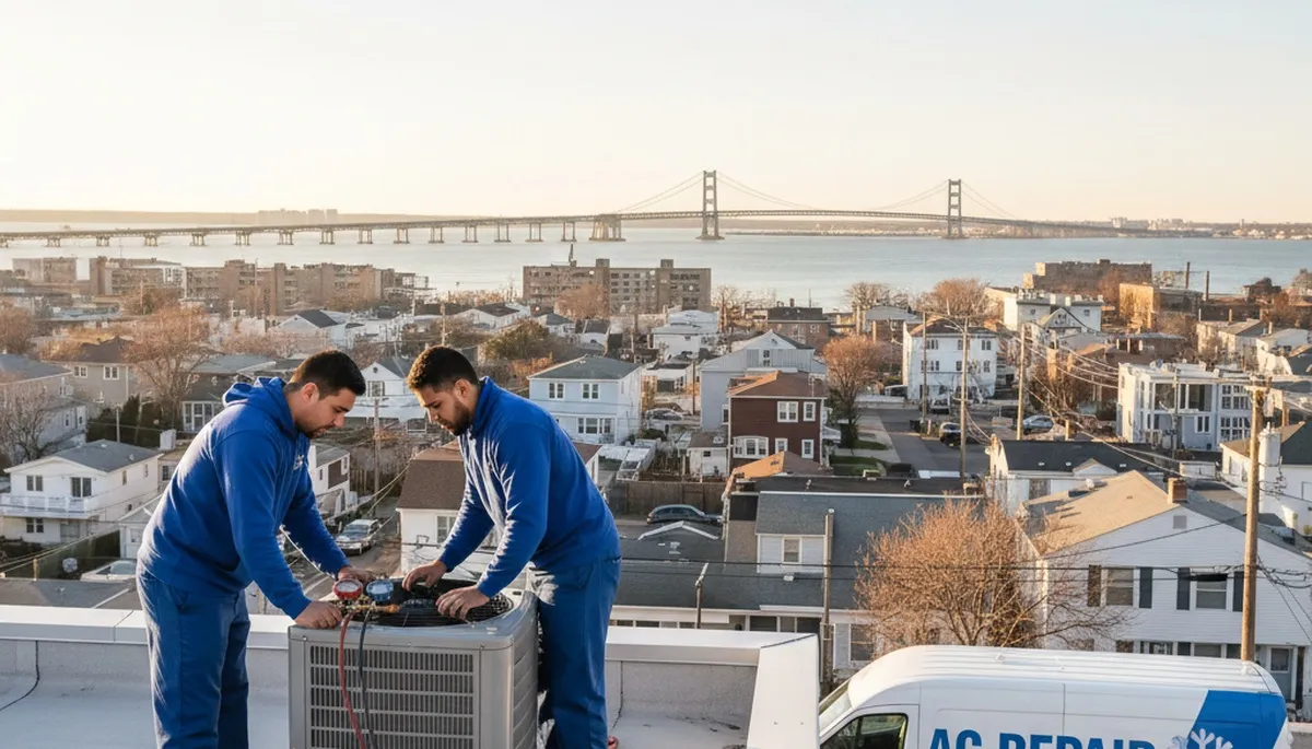 Professional AC repair technician servicing air conditioner in Brooklyn NY home