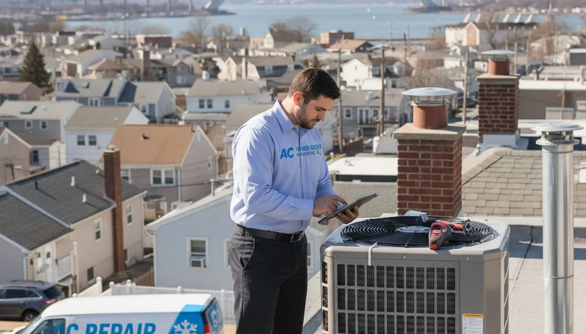 Professional AC repair technician servicing air conditioner unit in Brooklyn, NY