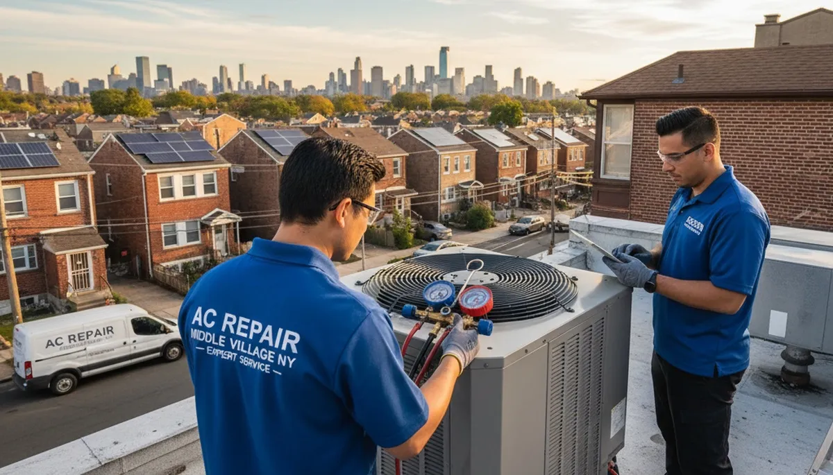 Professional AC repair technician servicing air conditioner unit in Brooklyn NY home
