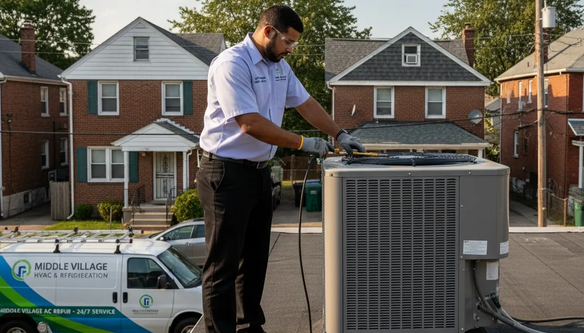 Professional AC repair technician servicing air conditioner in Brooklyn, NY home