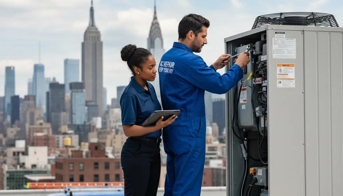 Professional AC repair technician servicing air conditioner unit in Brooklyn NY