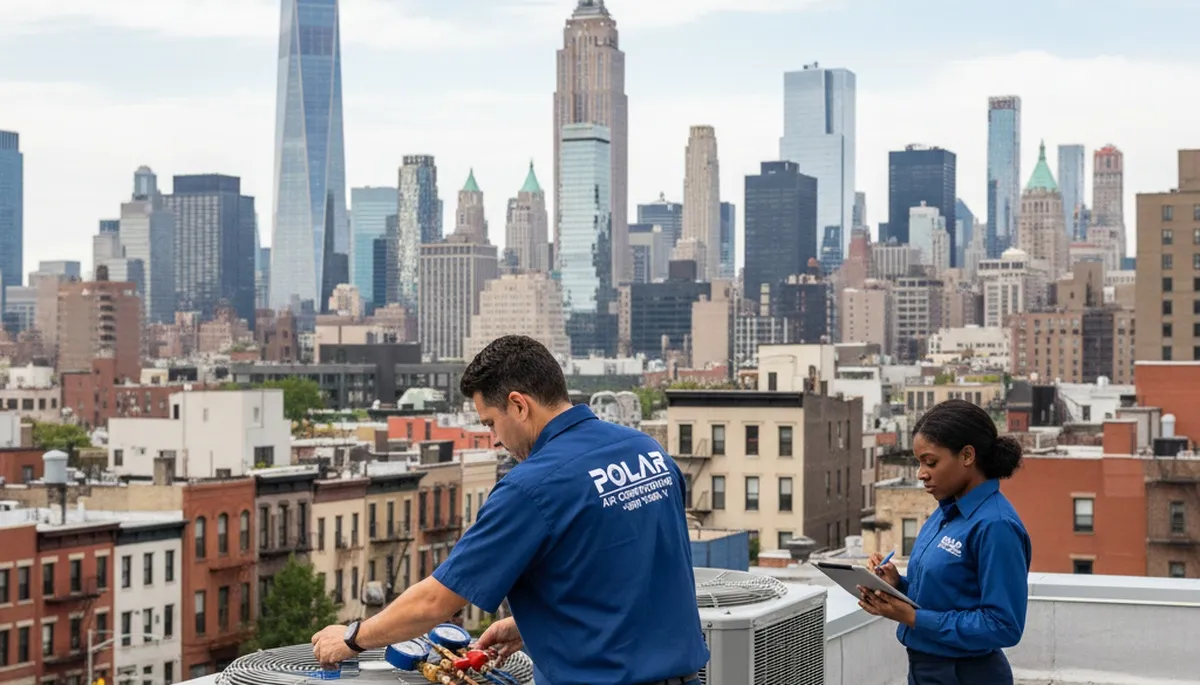 Professional AC repair technician servicing cooling unit in Brooklyn, NY home