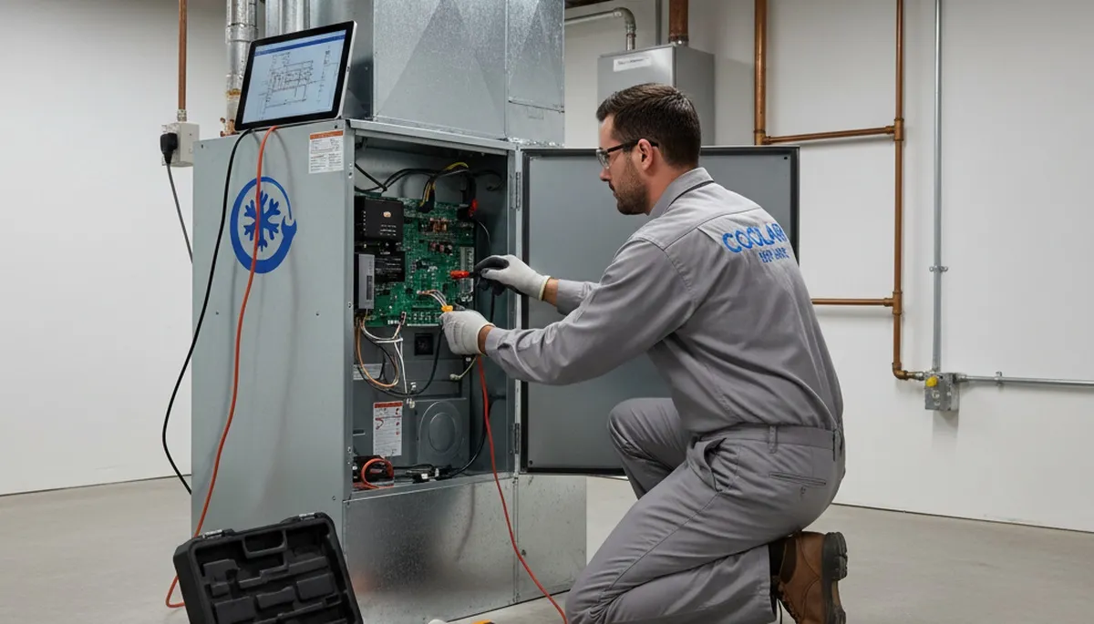 Technician performing furnace repair service in Brooklyn, NY home for Five Star Cooling